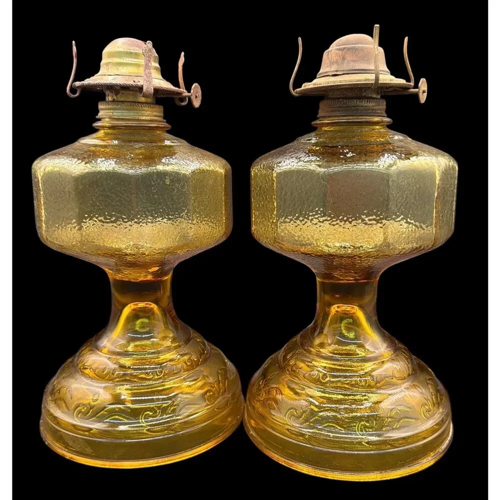 Pair Antique Amber Glass Oil Lamps P&A Burners Hurricane Chimneys 18